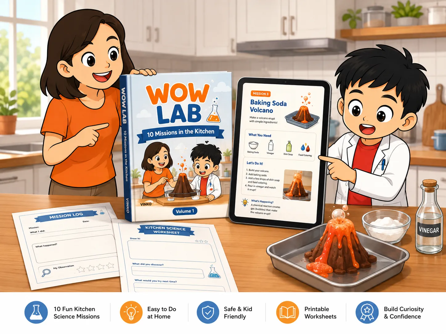 mockup หนังสือ WOW LAB บนแท็บเล็ตและหนังสือในฉากครัว