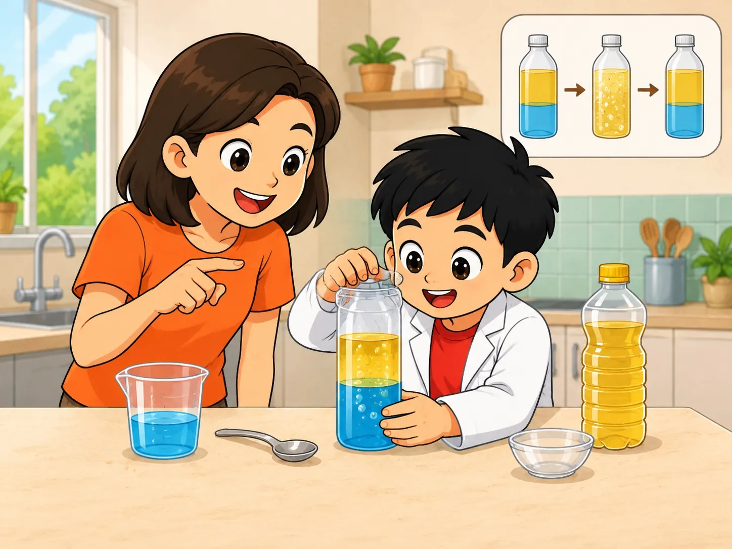 แม่และลูกกำลังทดลองน้ำ น้ำมัน และการเขย่าขวดในครัว พร้อมภาพลำดับการเปลี่ยนแปลง