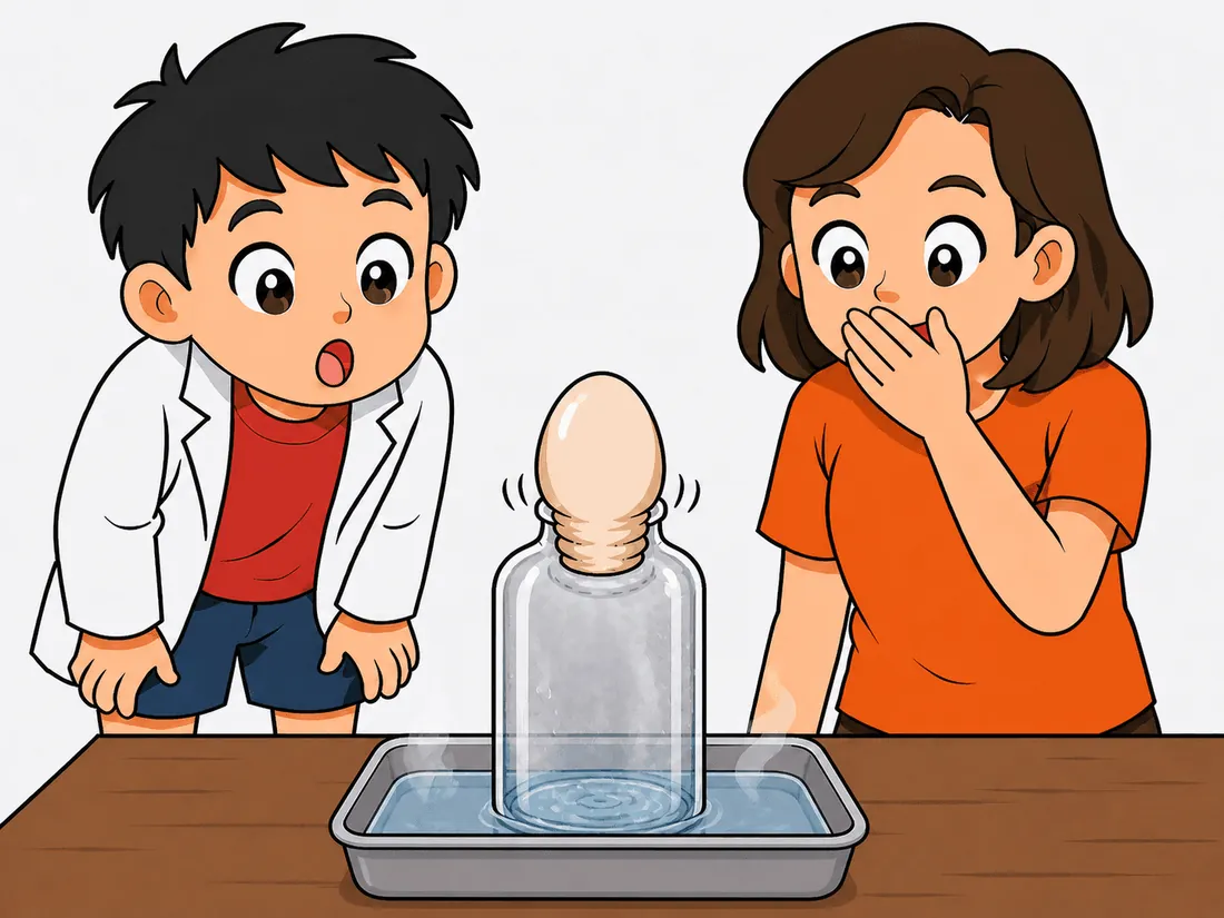 เด็กวางไข่ต้มไว้บนปากขวดแก้วแล้วไข่ค่อยๆ ถูกดูดลงไปในขวด