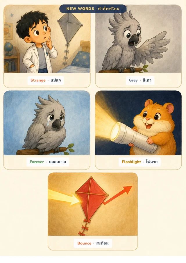 หน้า New Words การ์ดคำศัพท์ไทย-อังกฤษ พร้อมภาพประกอบ