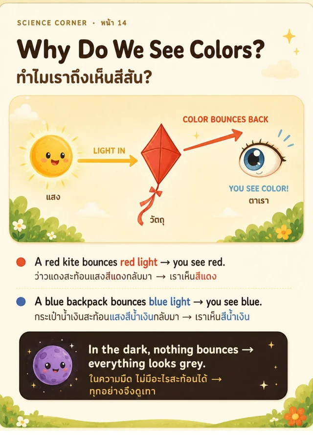 หน้า Science Corner อธิบายว่าทำไมเราถึงเห็นสีสัน พร้อมภาพประกอบ