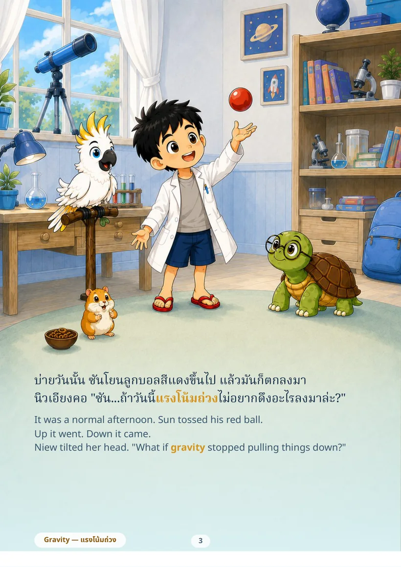 ซันโยนลูกบอลสีแดง นิวเอียงคอมองอย่างสงสัย