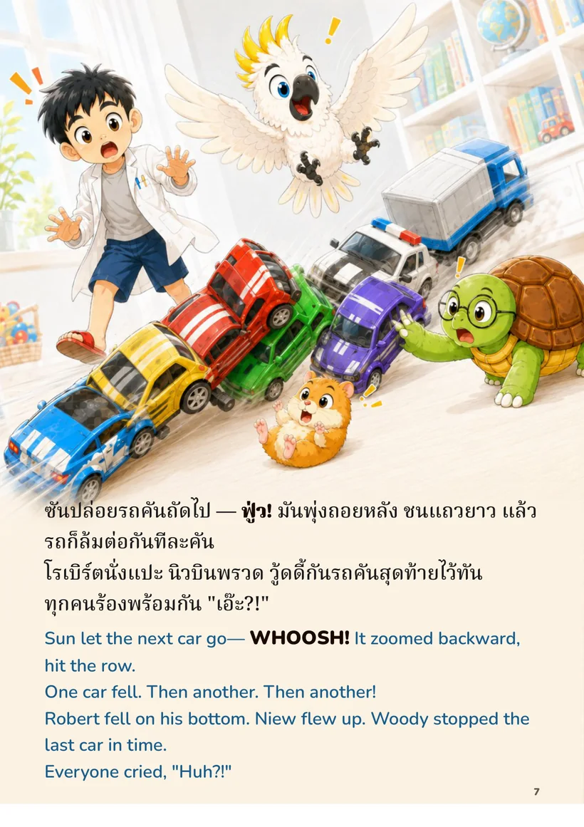 รถของเล่นพุ่งถอยหลังชนกันล้มเป็นแถว