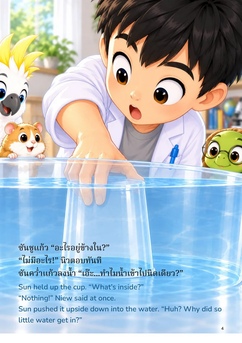 ซันคว่ำแก้วใสกดลงในน้ำ